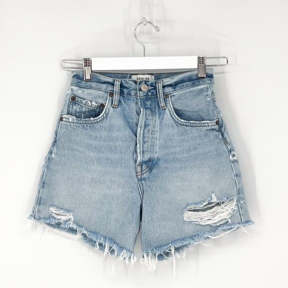 AGOLDE Riley Cutoff Distressed Denim Shorts Women’s Size 23 Groove Light Wash - Picture 2 of 5